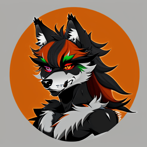 AI generated: wolf-like fursona with 4 eyes containing the colors green, orange, and a miniscule  amount of red. T...
