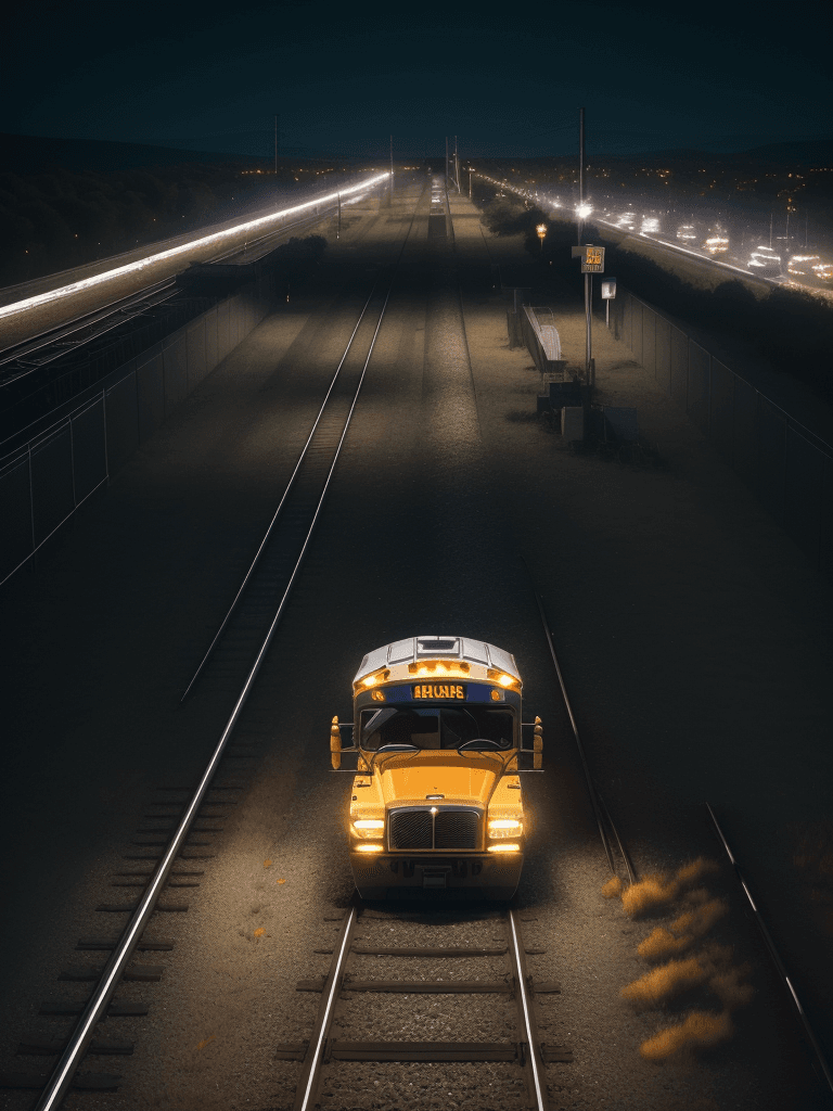 AI generated: big school bus in the middle of the night, looking straight down the track, glowing lights, evil tra...