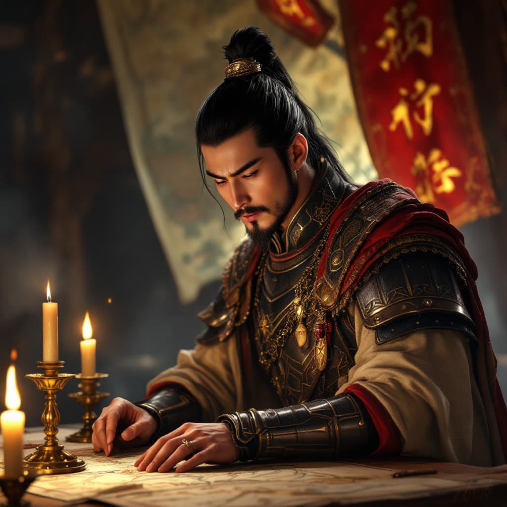 AI generated: Sun Quan is wearing gorgeous armor, in the battle tent, with candlelight on his face, staring at the...