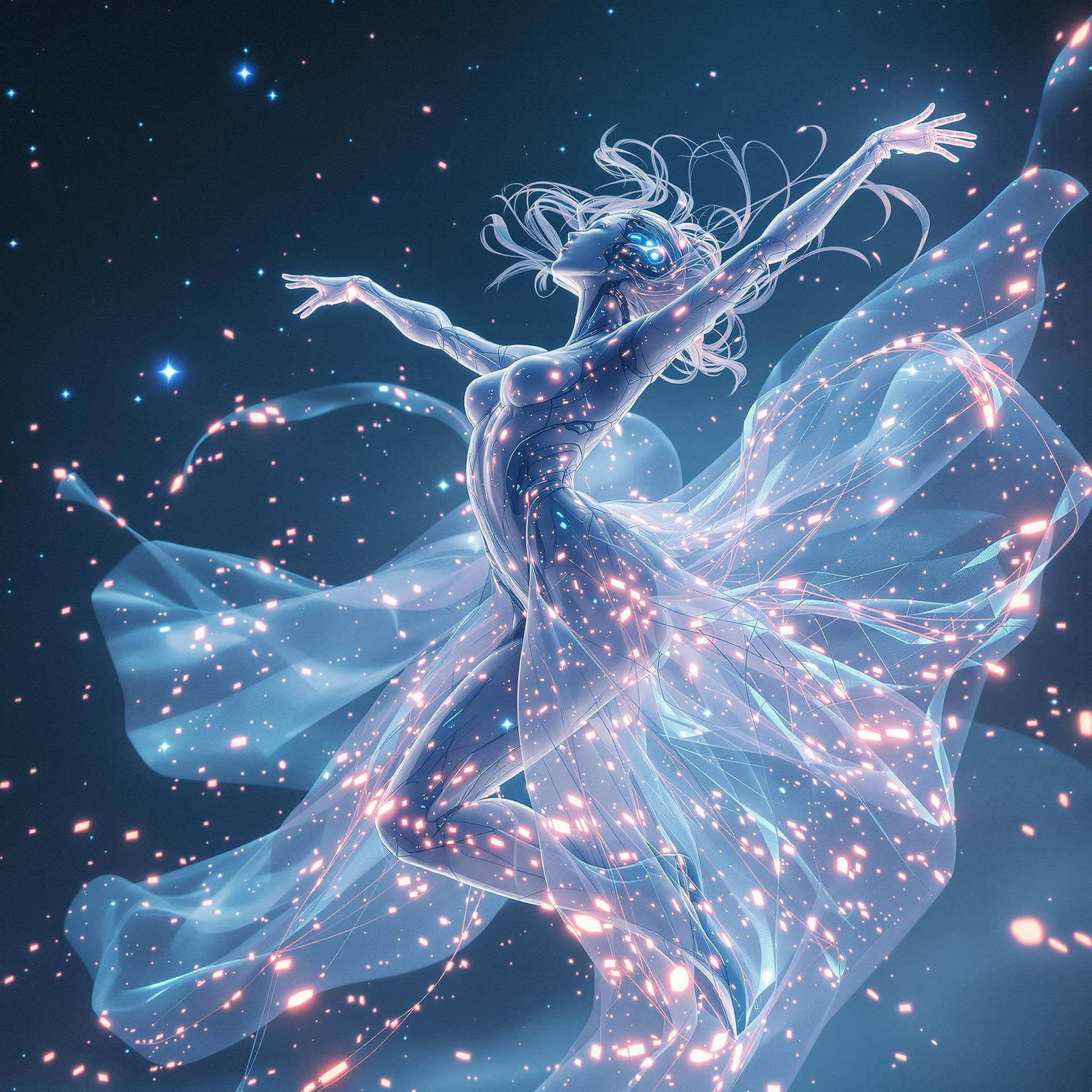AI generated: Motion apture an extraordinary image of a stunning cyborg ballerina with translucent, glowing body p...