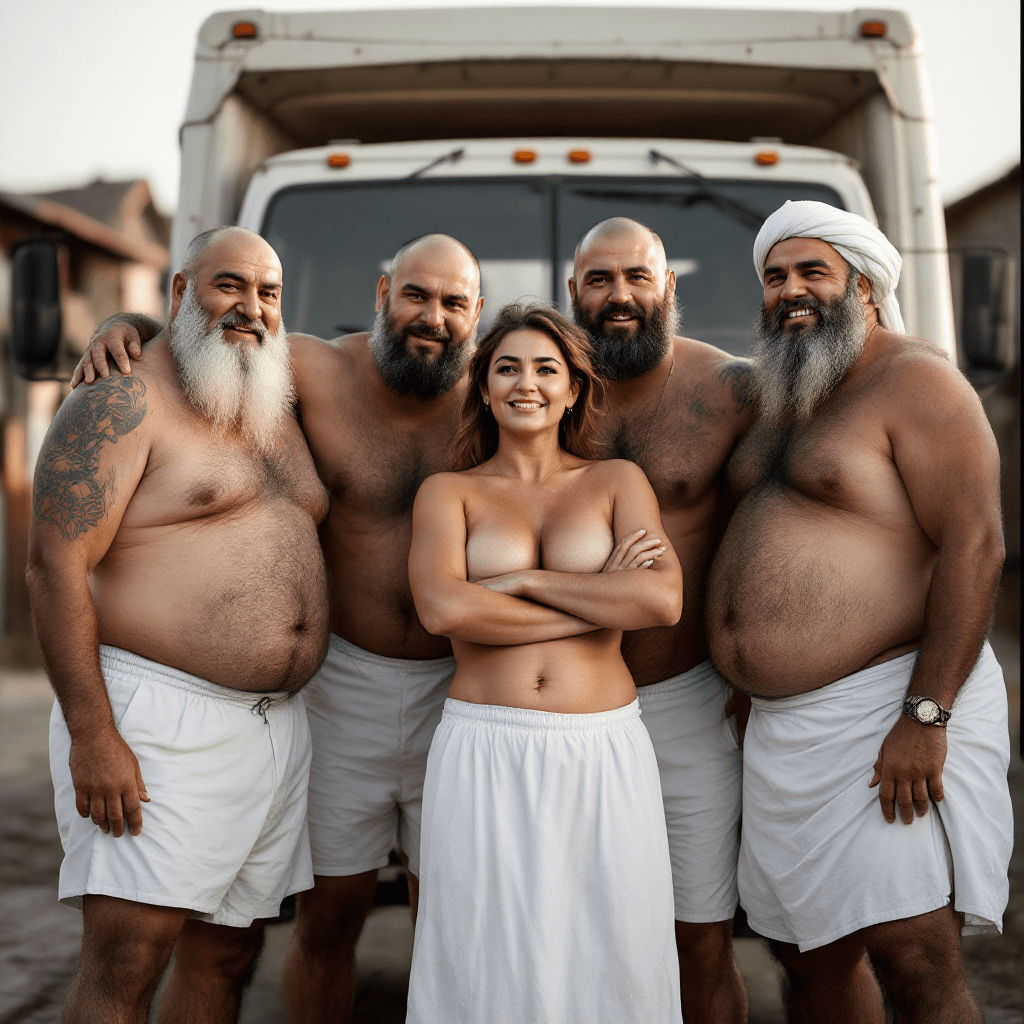 AI generated: A Turkish woman and 4 Kurdish men, posing in front of a truck at village square in Turkey, all in wh...