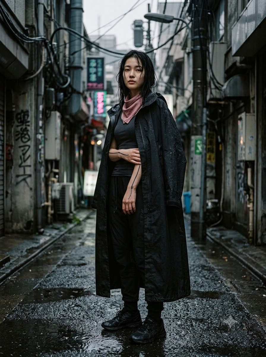 AI generated: A photorealistic full-body portrait of a young woman, vertical 3:4 composition, standing in a rain-d...