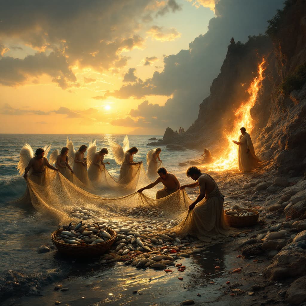 AI generated: A serene seaside at dawn, with fishermen casting a large net into calm waters. The net, full of dive...