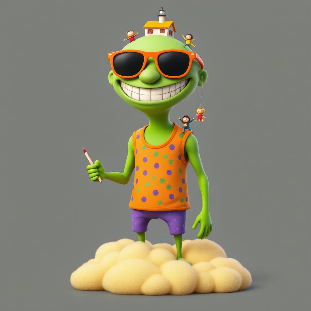 AI generated: Create a 3D stylized version of a quirky, cartoonish humanoid character with green skin, wearing ove...