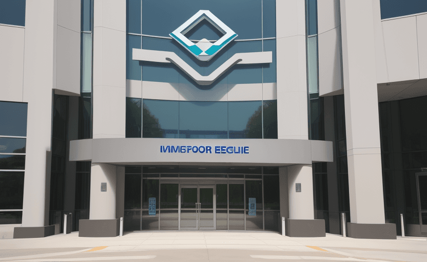 AI generated: huge corporate building entrance logo "FIM" readable, FIM, FIM, FIM