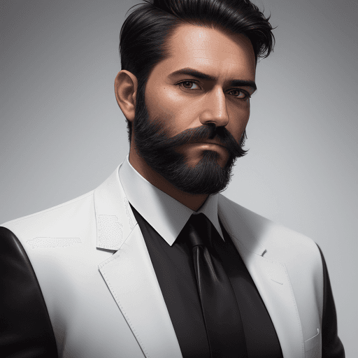 AI generated: Portrait of a man businessman. Description: Manly face with neat black beard and short hair, brown e...