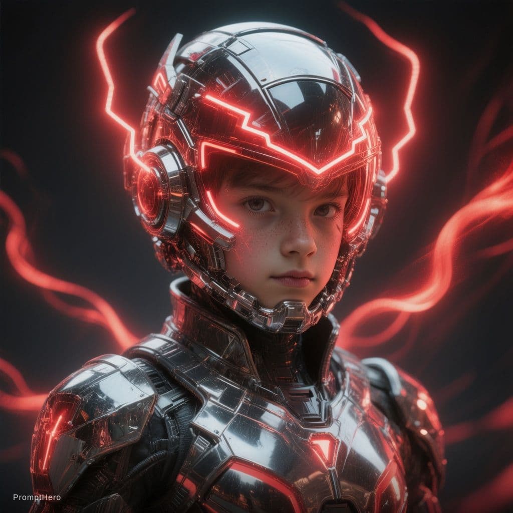 AI generated:  futuristic cyborg boy featuring a captivating reflective cybernetic helmet adorned with glowing tri...