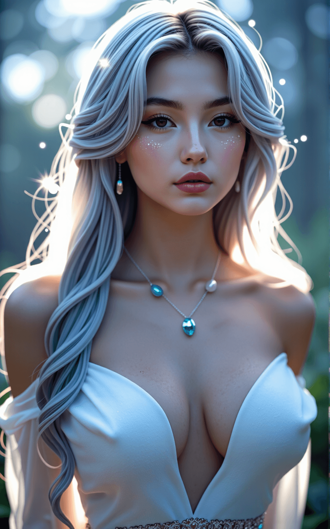 AI generated: A macro, ethereal close-up of a pastel-haired young female, her long, wavy locks cascading over her ...