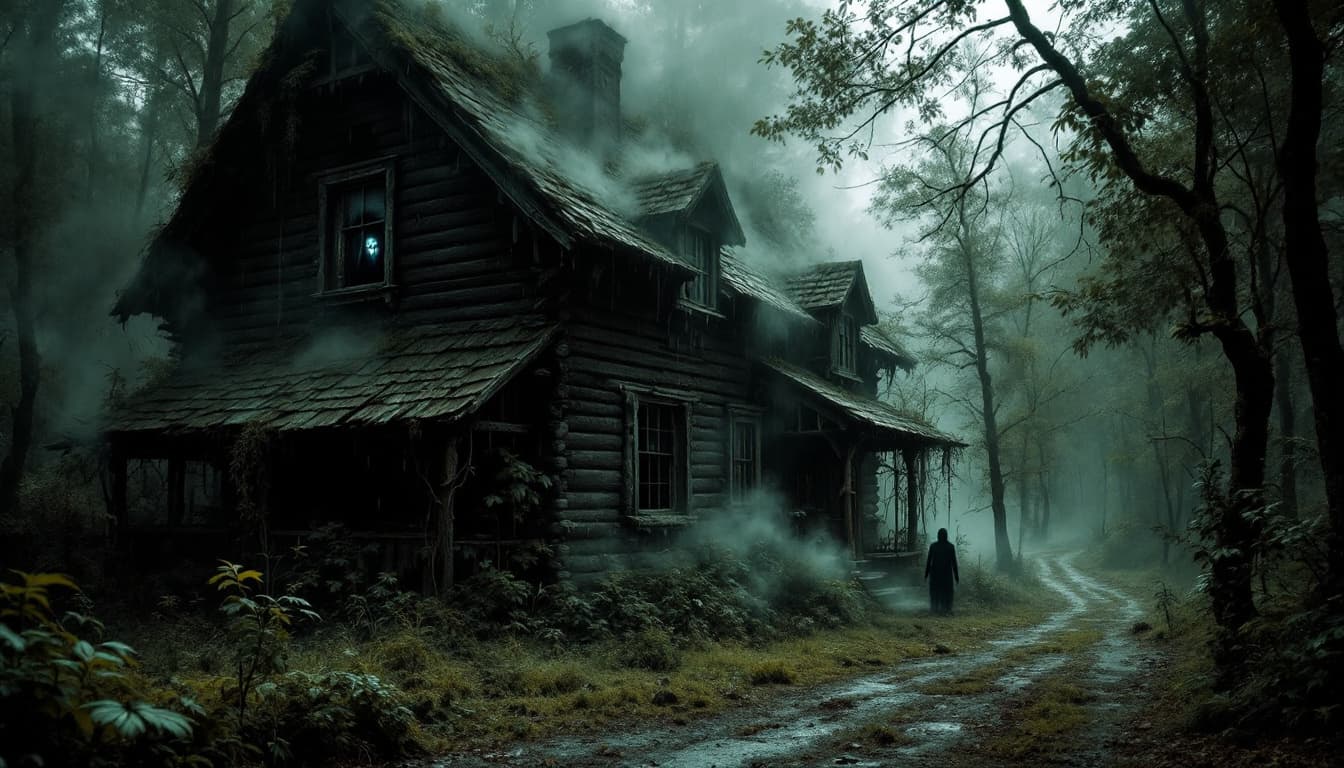 AI generated: imagine une senne complètement surréaliste d'une très vieille maison en bois recouverte de végétatio...