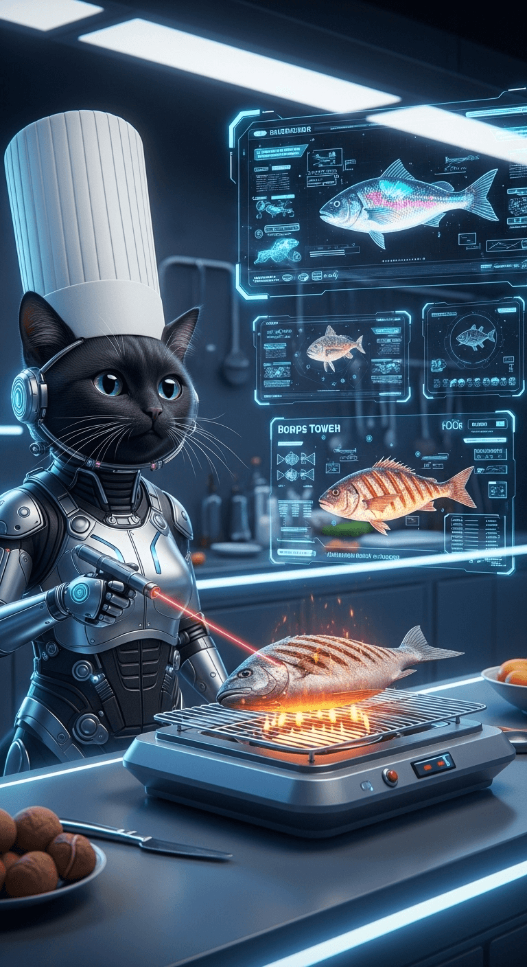 AI generated: A cat in a silver futuristic cybernetic suit with a chef's hat is frying a grilled fish meat that fl...
