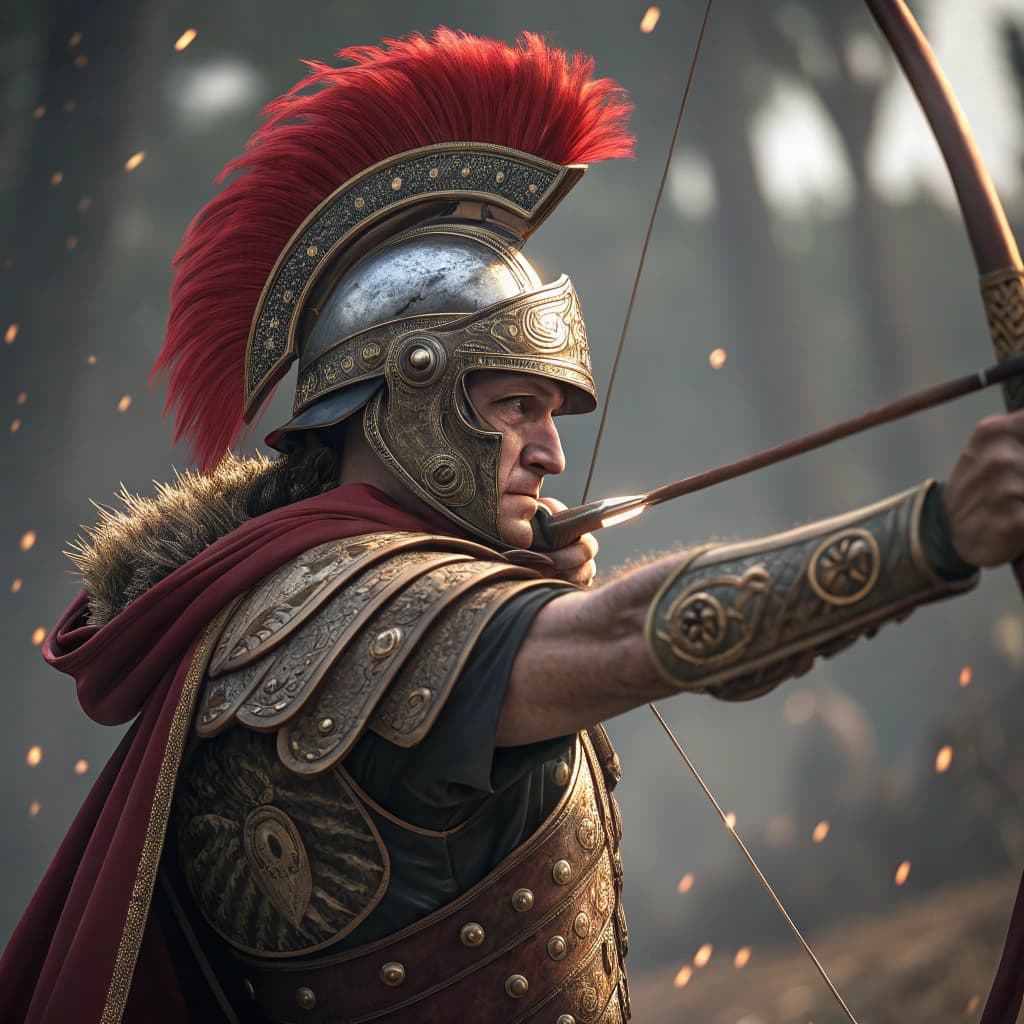 AI generated: Close-up shot of a battle-hardened Roman Centurion archer in the midst of a fierce battle. He is dra...