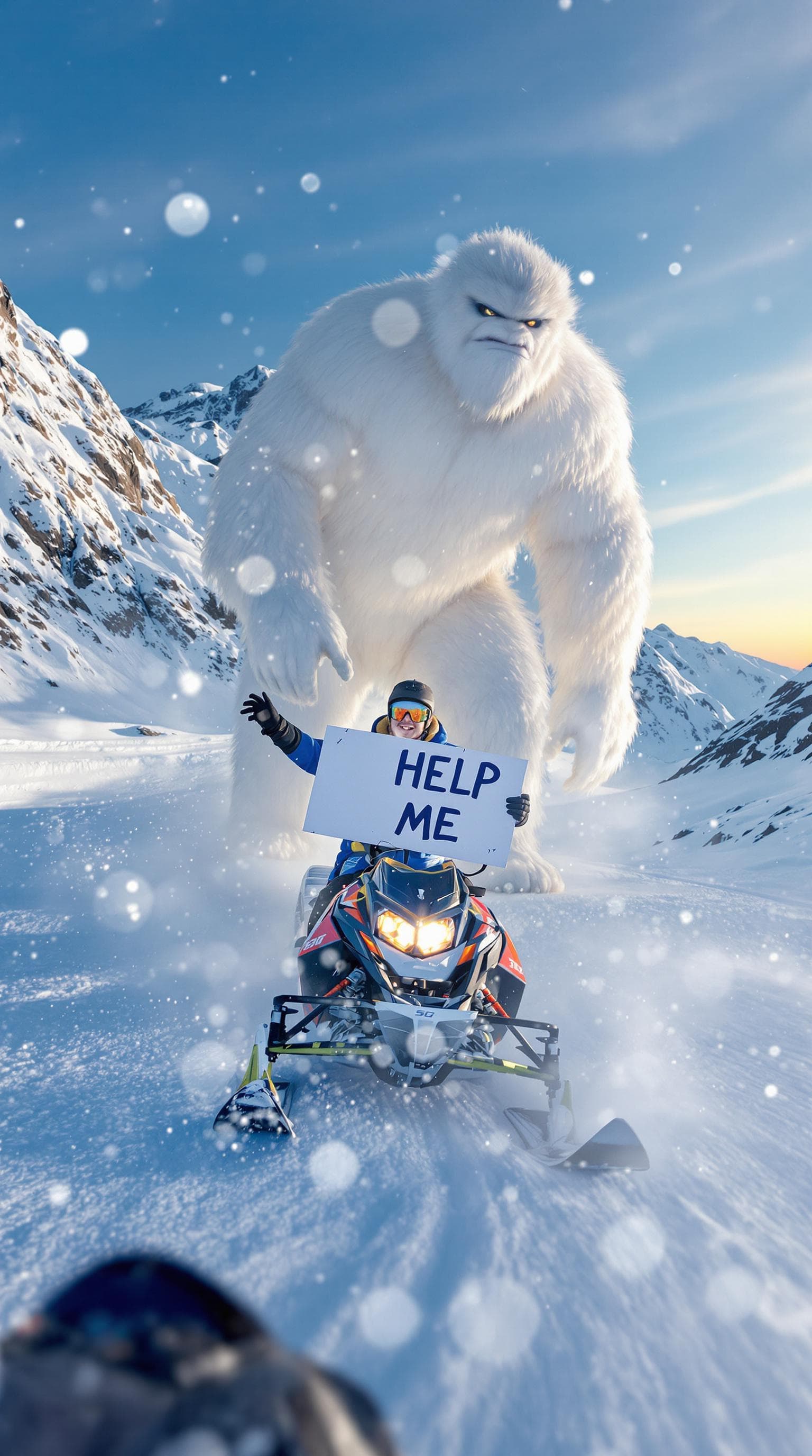 AI generated: a man on a snowmobile holding a sign that says "HELP ME" going down a snowy mountain and behind them...
