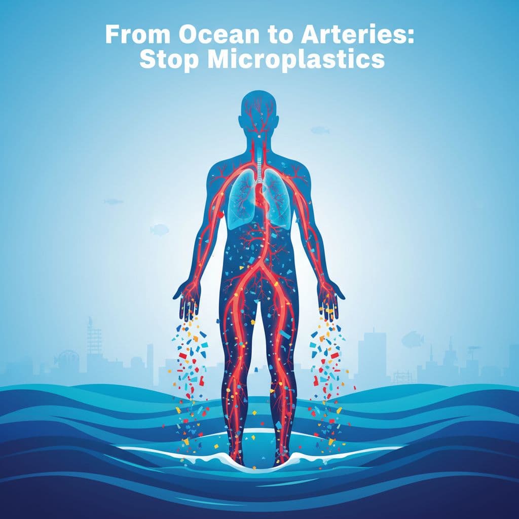 AI generated: A surreal and educational advocacy poster about microplastic pollution, human silhouette with bloods...