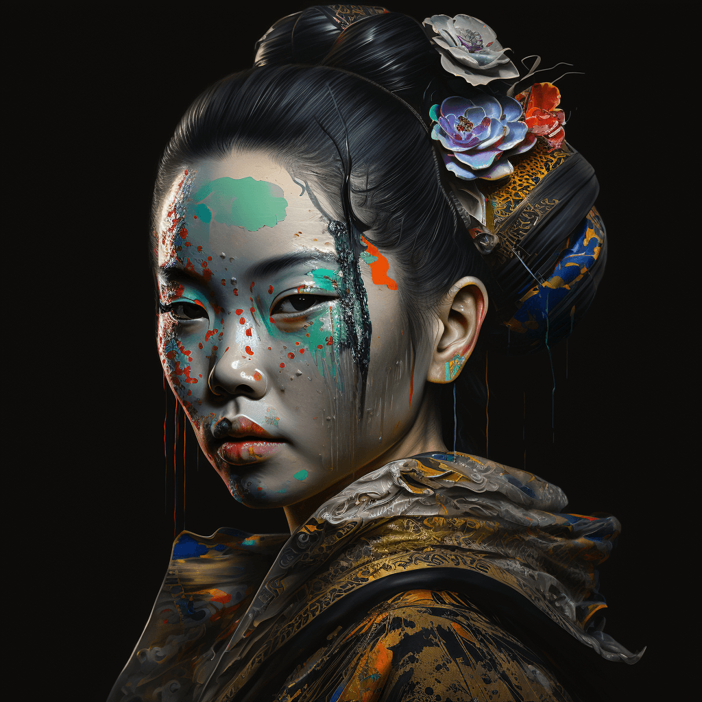 AI generated: wet paint portrait Japanese black-haired geisha with a depressed look, In a flowered kimono with bat...