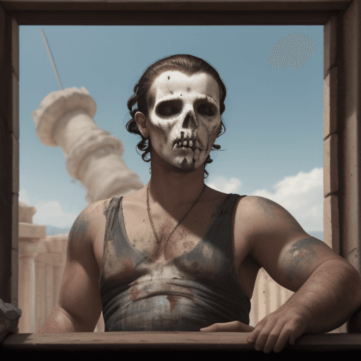 AI generated: pintura puntillista fina y detallada + vista de ángulo bajo, personaje de la película Openheimer con...