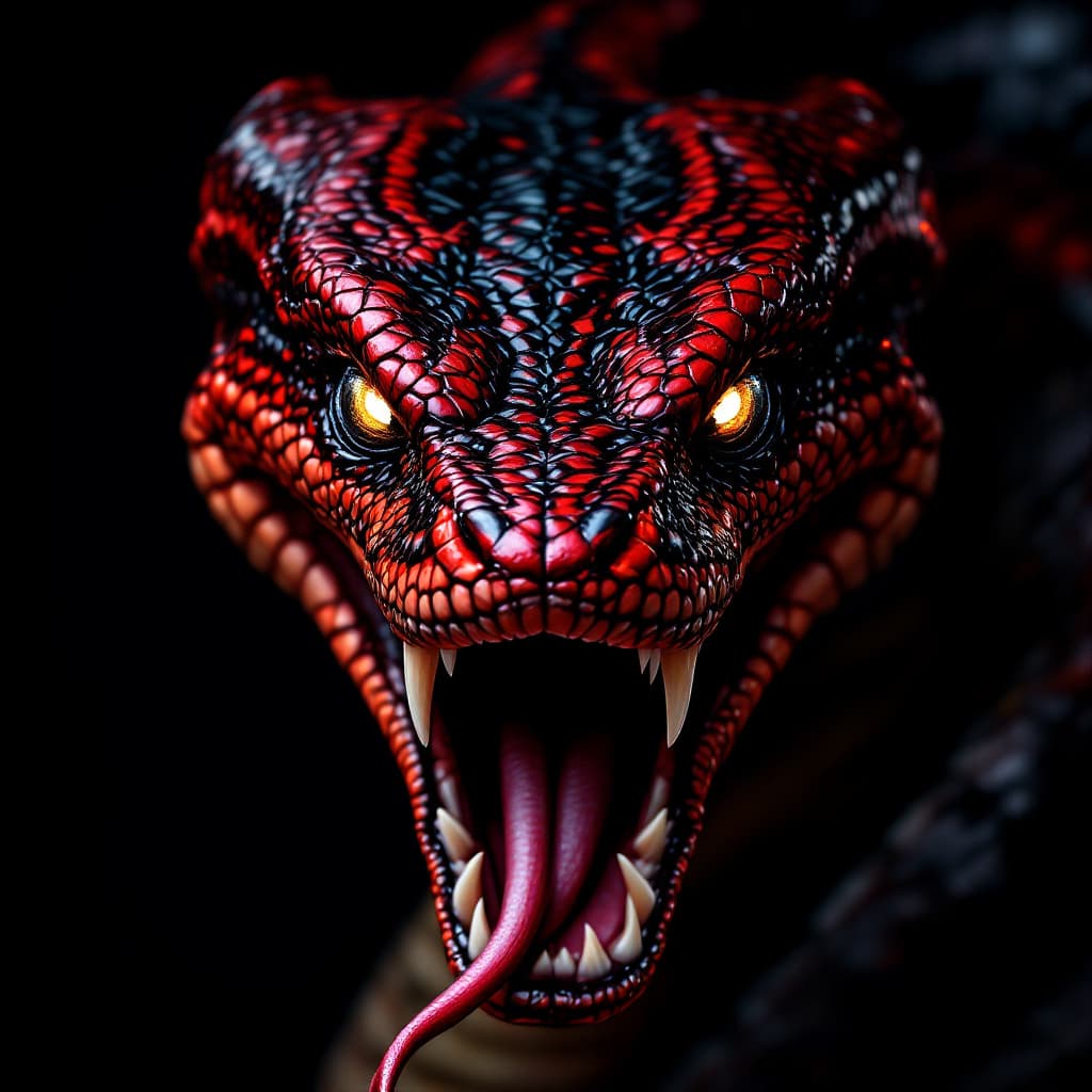 AI generated: A red and black snake with its mouth open, hyper-realistic animal illustrations, detailed character ...