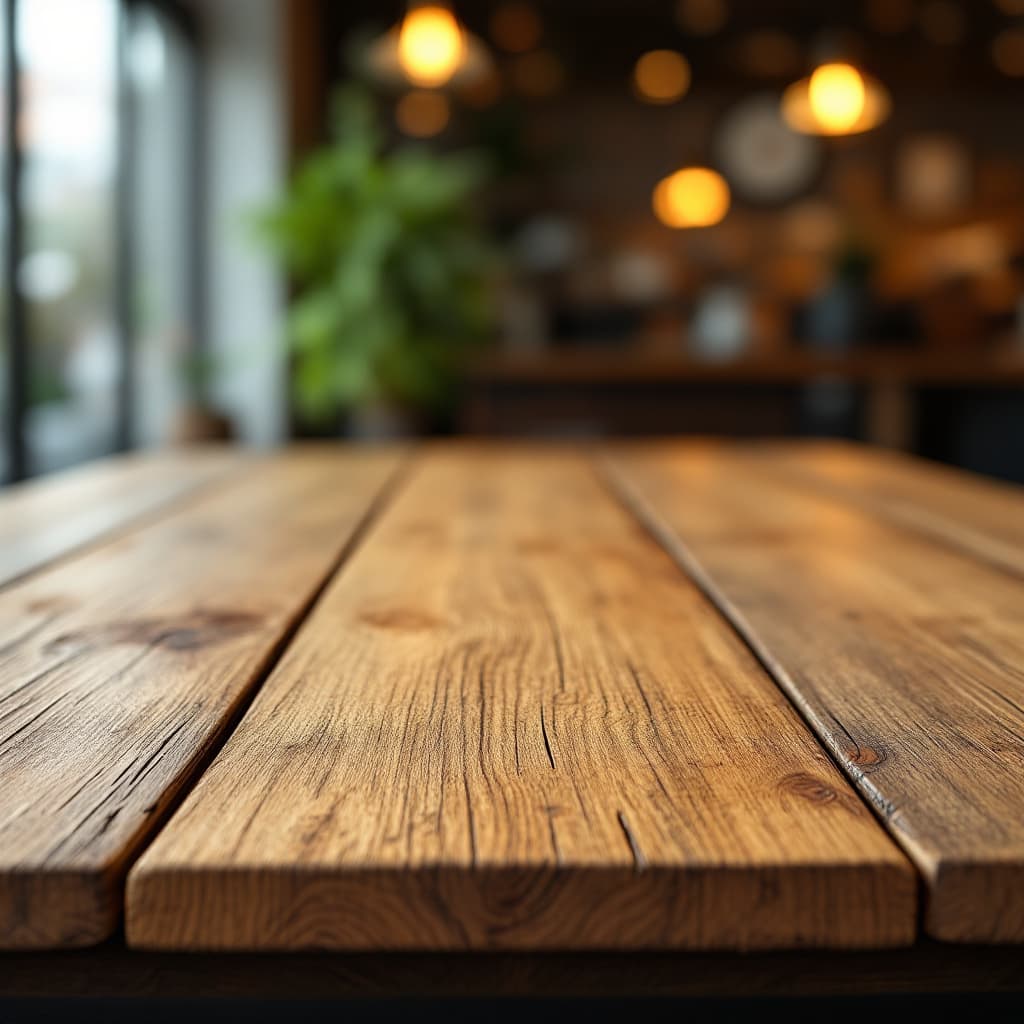 AI generated: A wooden table with a natural, warm texture placed in the foreground, adding depth and realism
