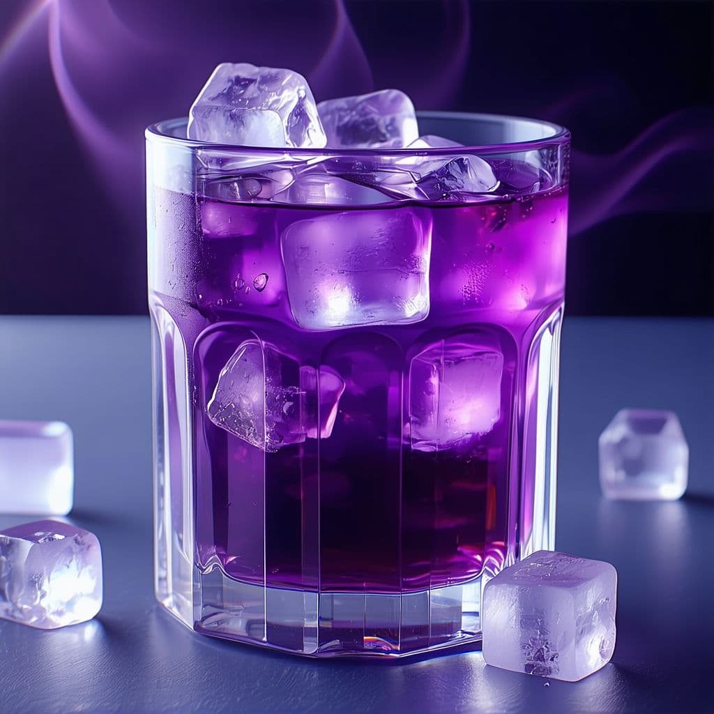AI generated: the most majestic, godly, heaven cup of purple clear liquid with slight carbonation and ice cubes