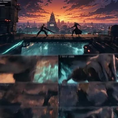 AI generated video: Movimiento de camara rapido y dinamico siguiendo la coreografia de la pelea entre Cloud Strife y Sep...