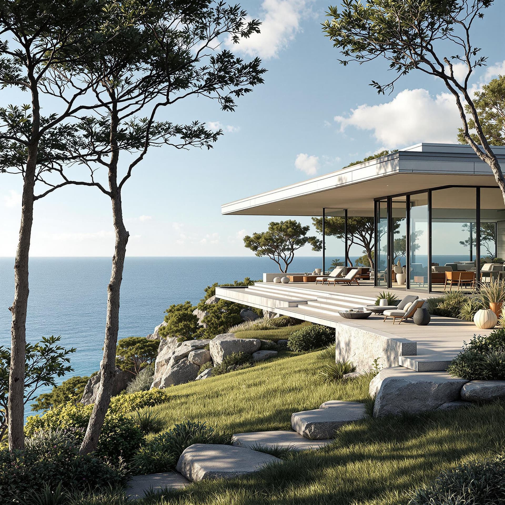 AI generated: Hyper realistic eye level exterior photo of a mid century modern style house overlooking the ocean, ...