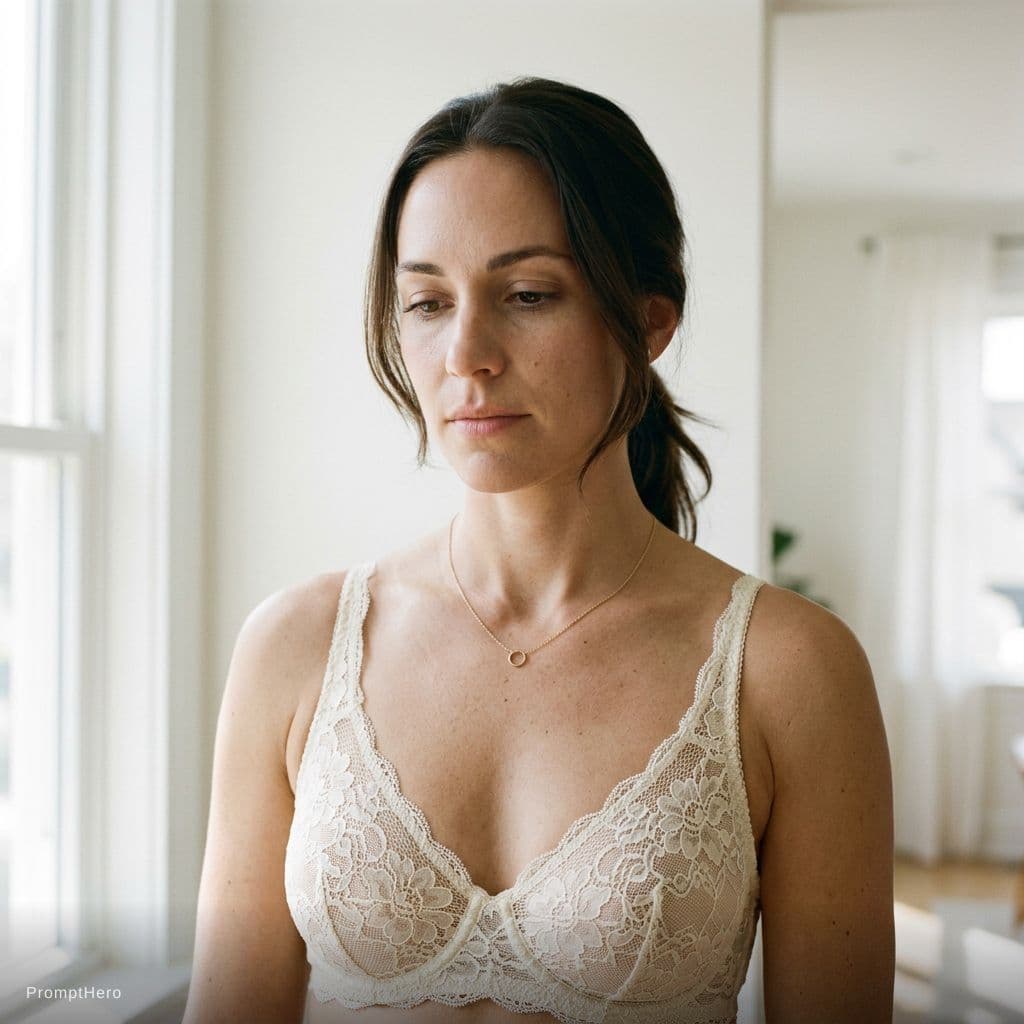 AI generated: Create a highly detailed, photorealistic image of a fit adult woman wearing a delicate cream-colored...