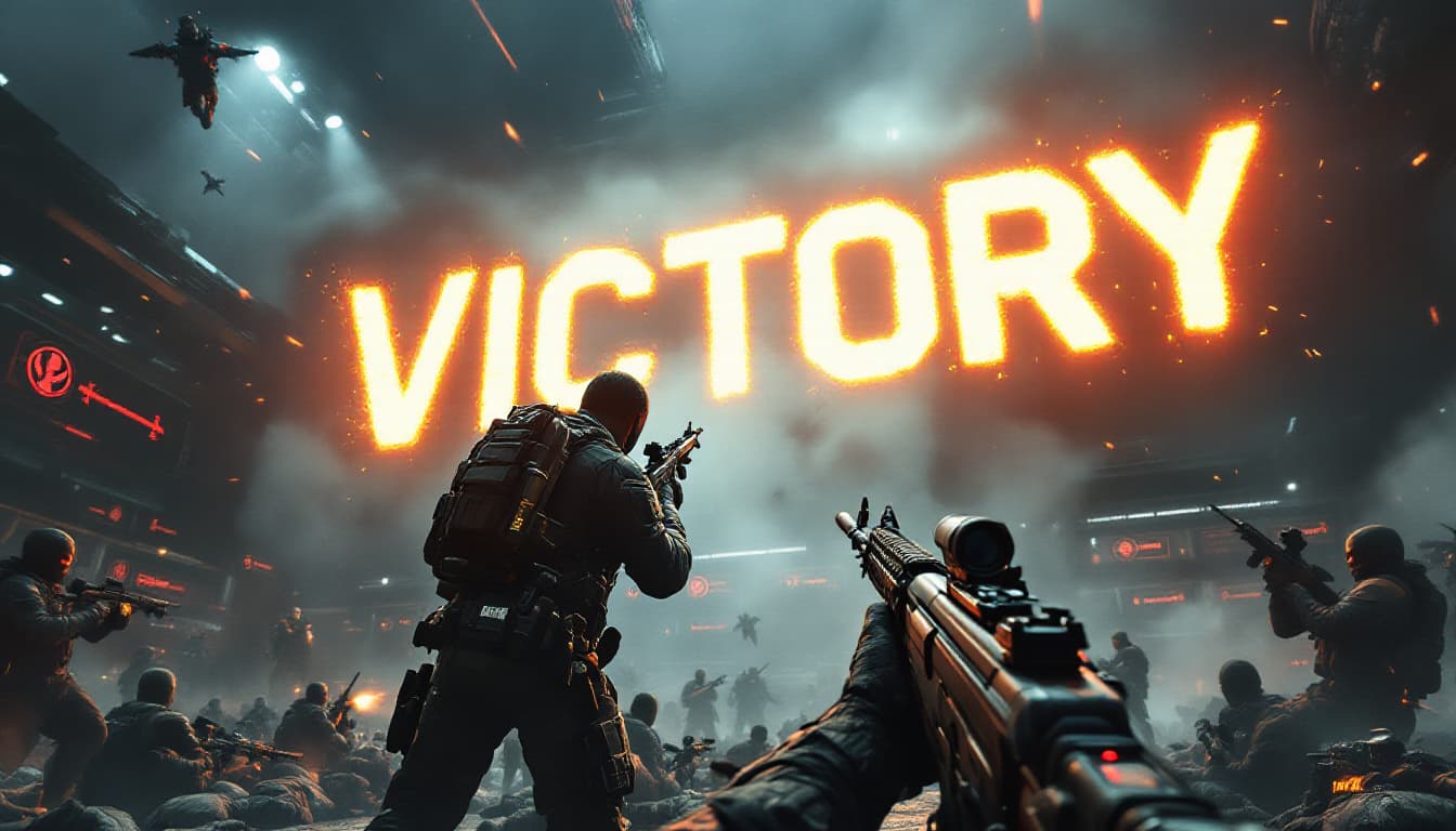 AI generated: in call of duty verdansk style "First-person view of a gamer holding a smoking rifle, standing over ...