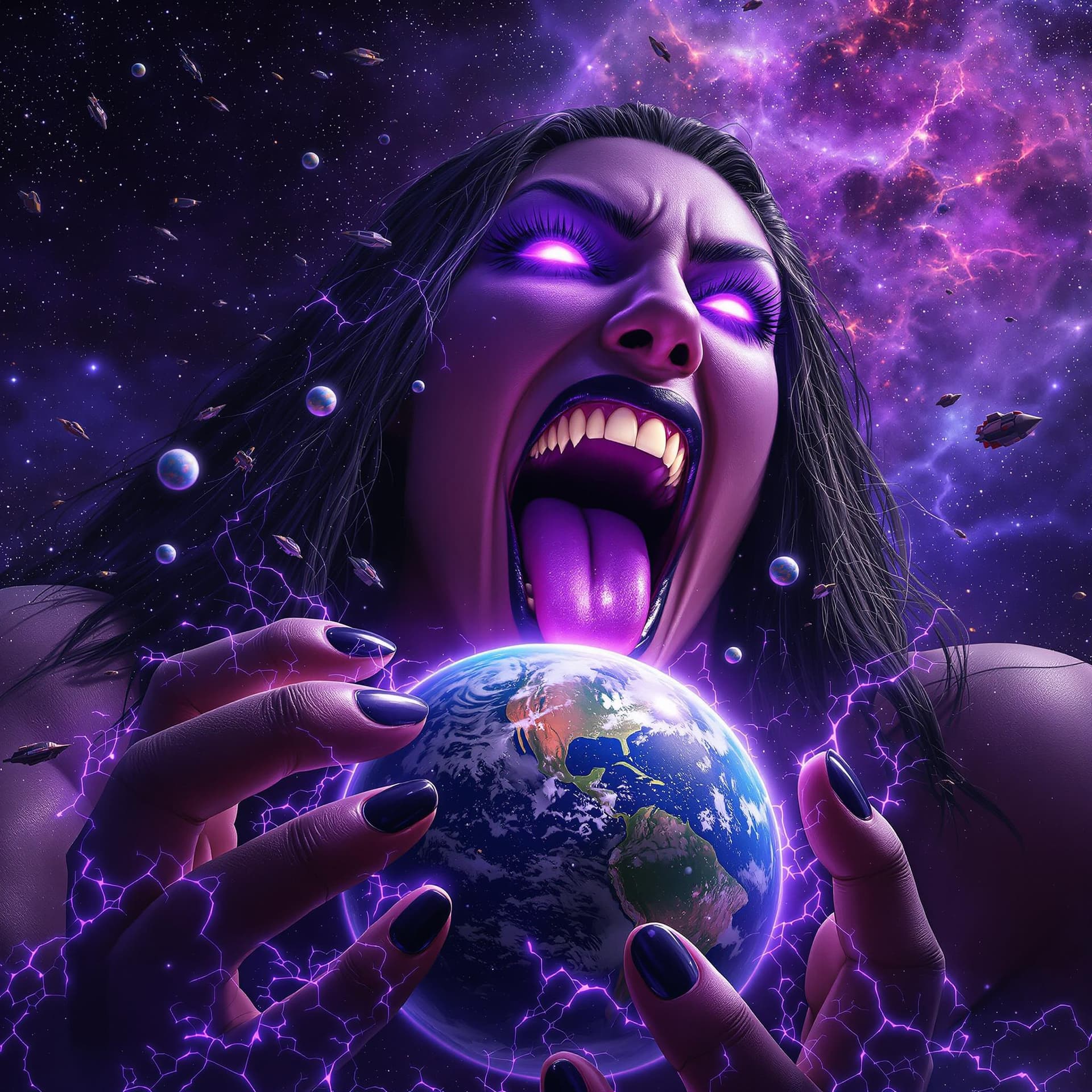 AI generated: enormous giantess Rhea Ripley  from WWE
bigger than a galaxy floating in space, minuscule planets in...