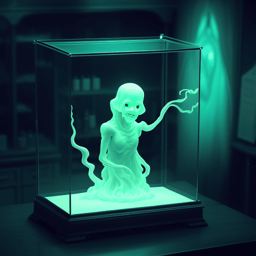 AI generated: a display case for a glowing ectoplasmic ghost in a laboratory environment, cinematic, dramatic ambi...
