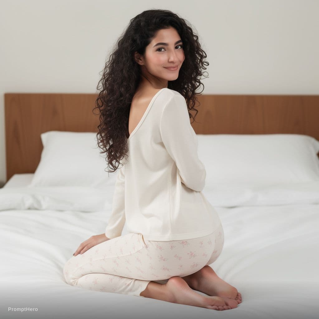 AI generated: Ultra-realistic full-body photograph of a young Middle Eastern woman kneeling on a white bed, back f...