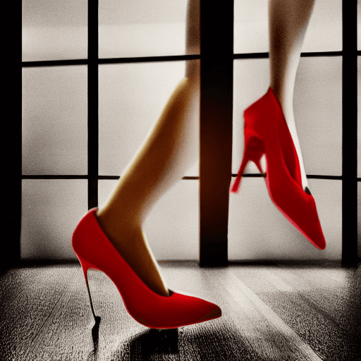 AI generated:  woman have red high heels shoes in the big empty  dark room in the corner stylish   A ray of sunlig...