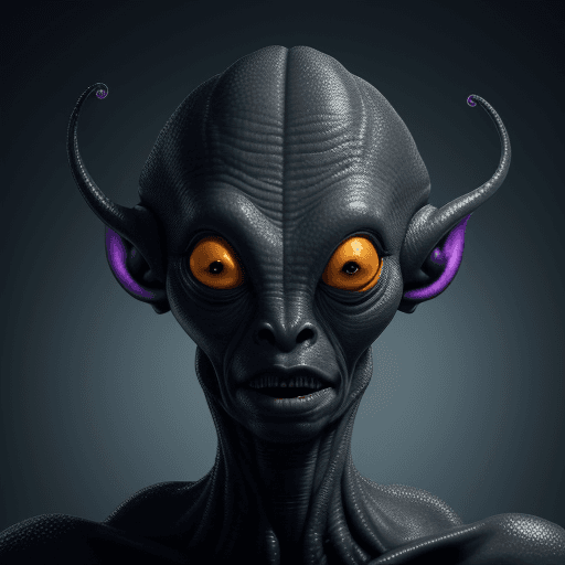AI generated:  high quality foto of a blind black alien monster, without mouth, long tentacle, big warts, blind, 8...
