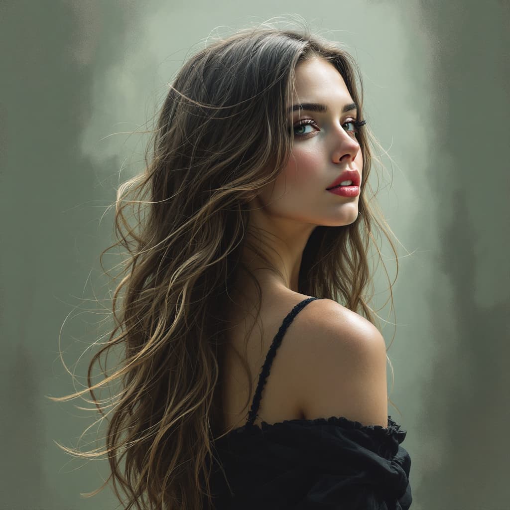 AI generated: a woman with long flowing hair, in the style of photorealistic paintings, multi-layered --chaos 75 -...