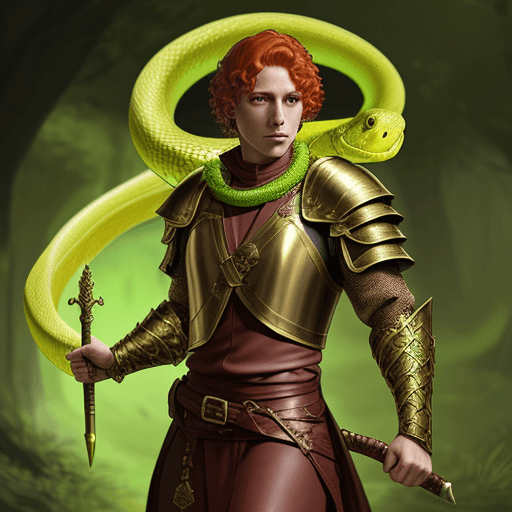 AI generated: fantasy, cleric of hesinde, short red curly hair, male, lime leather armor, lime turban, gold snake ...