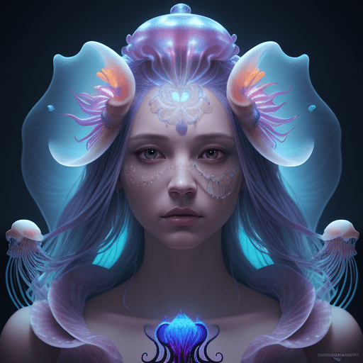 AI generated: Goddess close-up portrait ribcagel. jellyfish phoenix head, nautilus, orchid, skull, betta fish, bio...