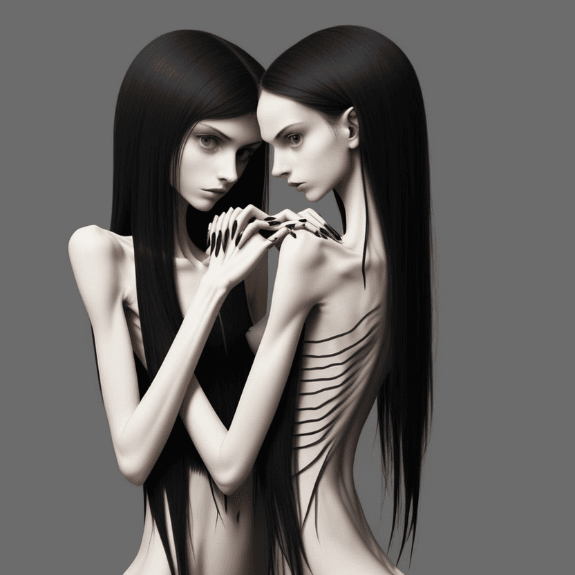 AI generated: two woman's arms with hands with black long curved nails (almost claws) of skinny anorexic girl