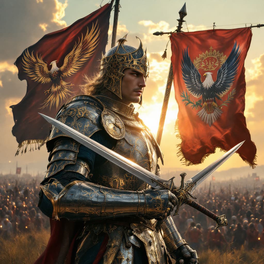AI generated: A hyper-realistic, intricate detailed epic fantasy portrait of a medieval prince in full plate mail....
