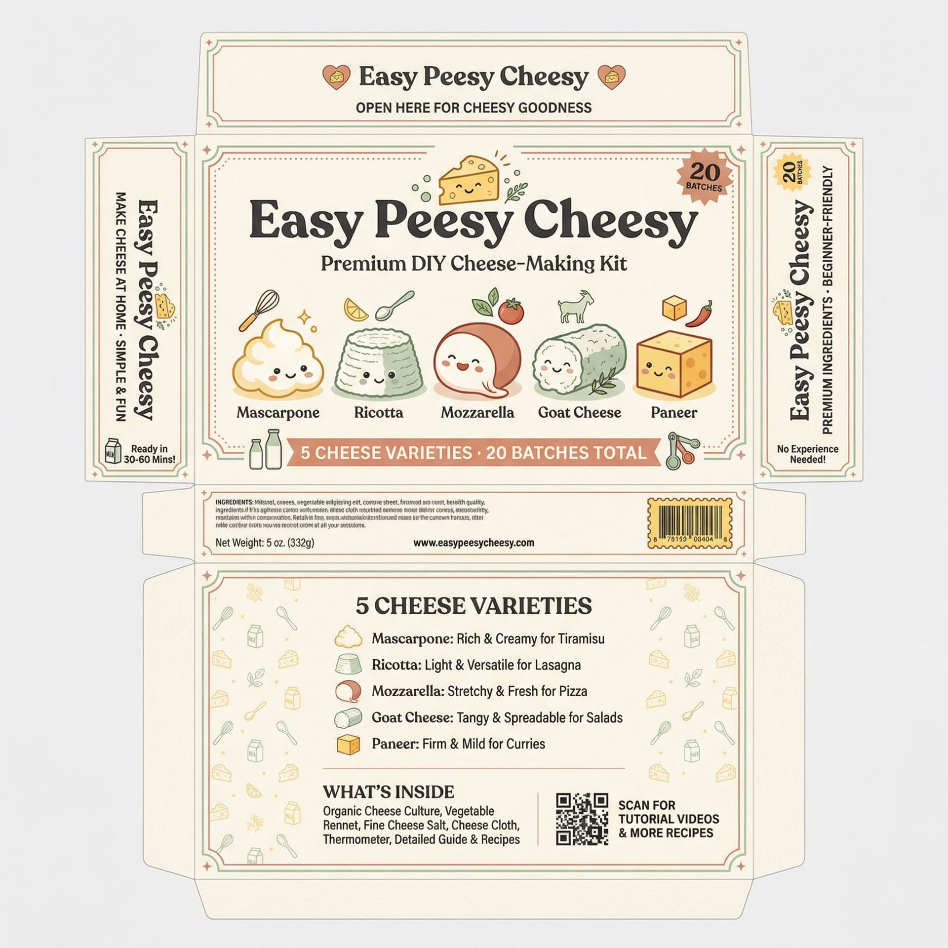 AI generated: "We are designing a premium, modern DIY cheese-making kit called Easy Peesy Cheesy. The box should f...
