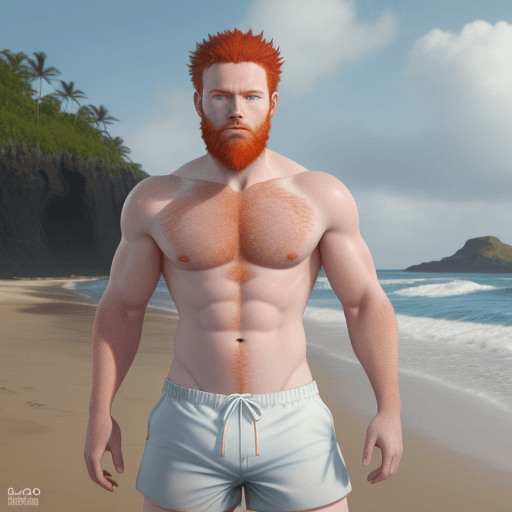 AI generated: ultra realistic image of an Irish lad, red hair, blue eyes, red beard, no shirt, wearing white swim ...