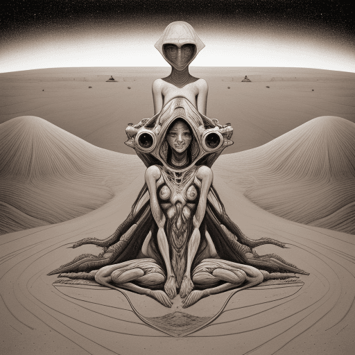 AI generated: Two women, one in front of the other, line drawing, with human parts, desertic landscape, space in d...
