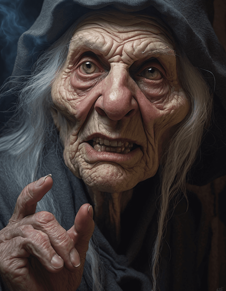 AI generated: The image features a wimsical and scary witch with a wrinkled face, long white hair, and a wig. She ...