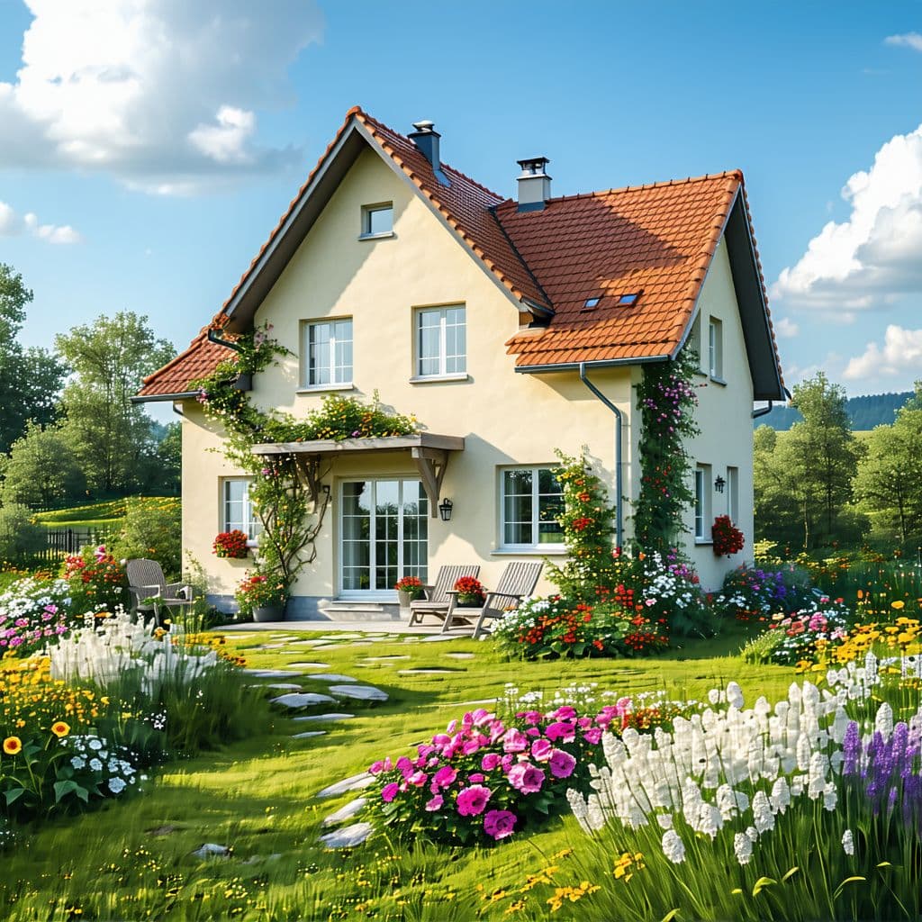 AI generated: Hyper realistic exterior photo of beutiful country side house whit flowers 
