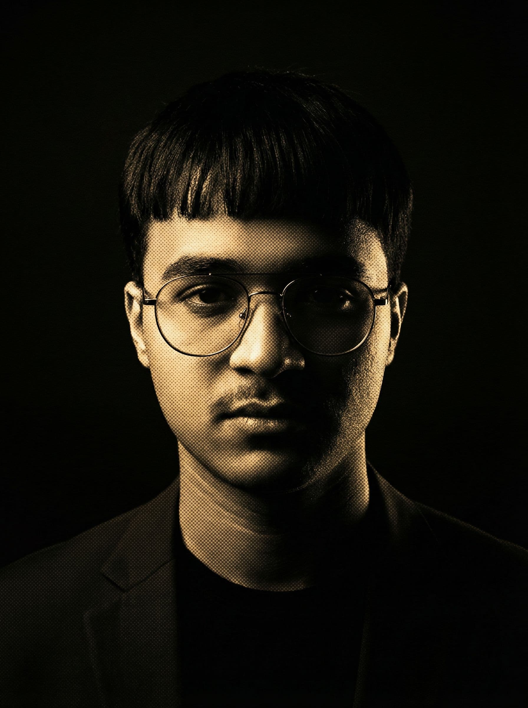 AI generated: A stylized portrait of a mysterious person with dark hair and straight bangs, facing the viewer dire...