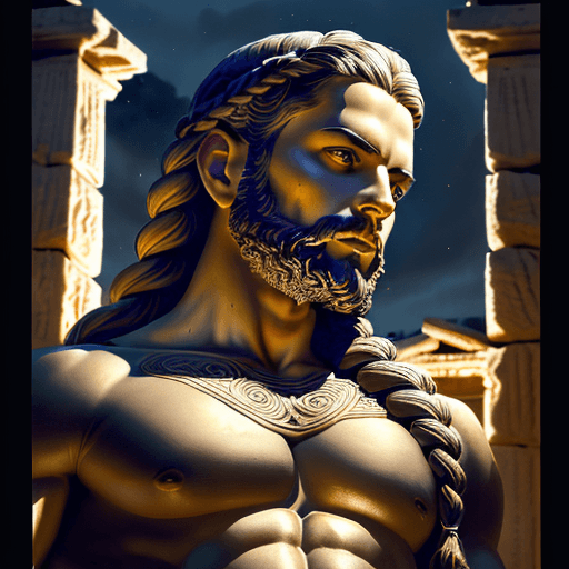 AI generated: portrait of a man greek statue with huge beautiful braid, wearing tight-fitting outfit, intricate ac...