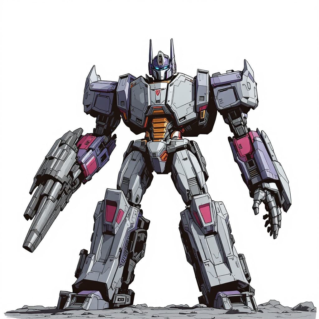 AI generated: Megatron from transfrormers standing arms by sides. comic book style 