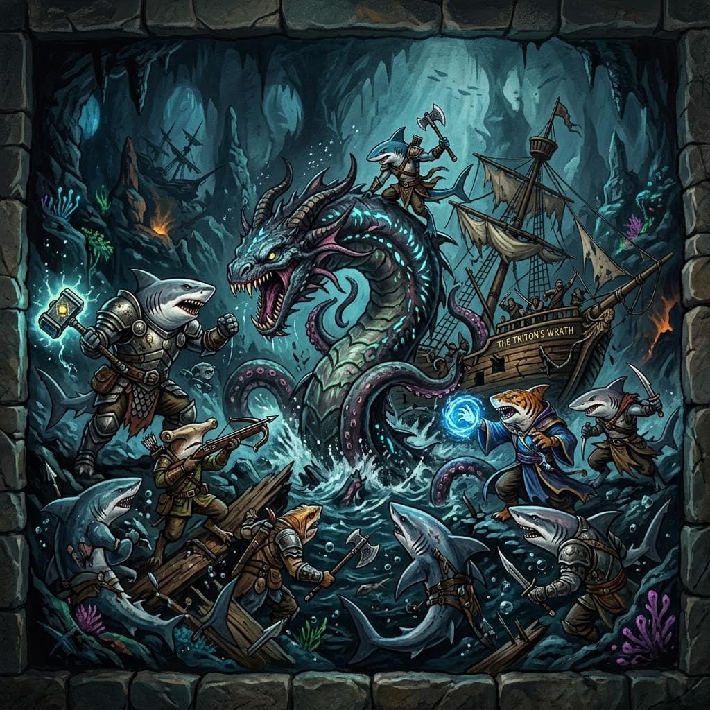 AI generated: a mural of a large group of different types of anthropomorphic sharks fighting a giant leviathan as ...