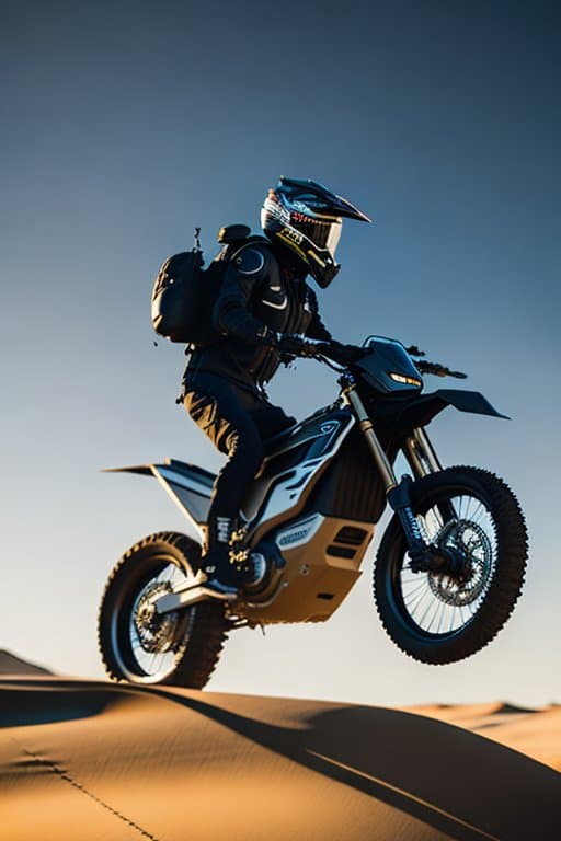 AI generated: a young man riding an electric dirt bike in the desert, black clothing, expensive carbon futuristic ...