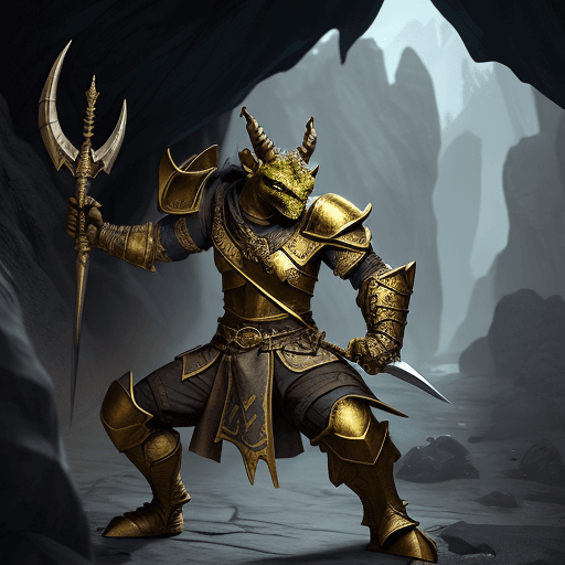AI generated: A dungeons and dragons gold dragonborn holding a two handed glaive outside a cave
