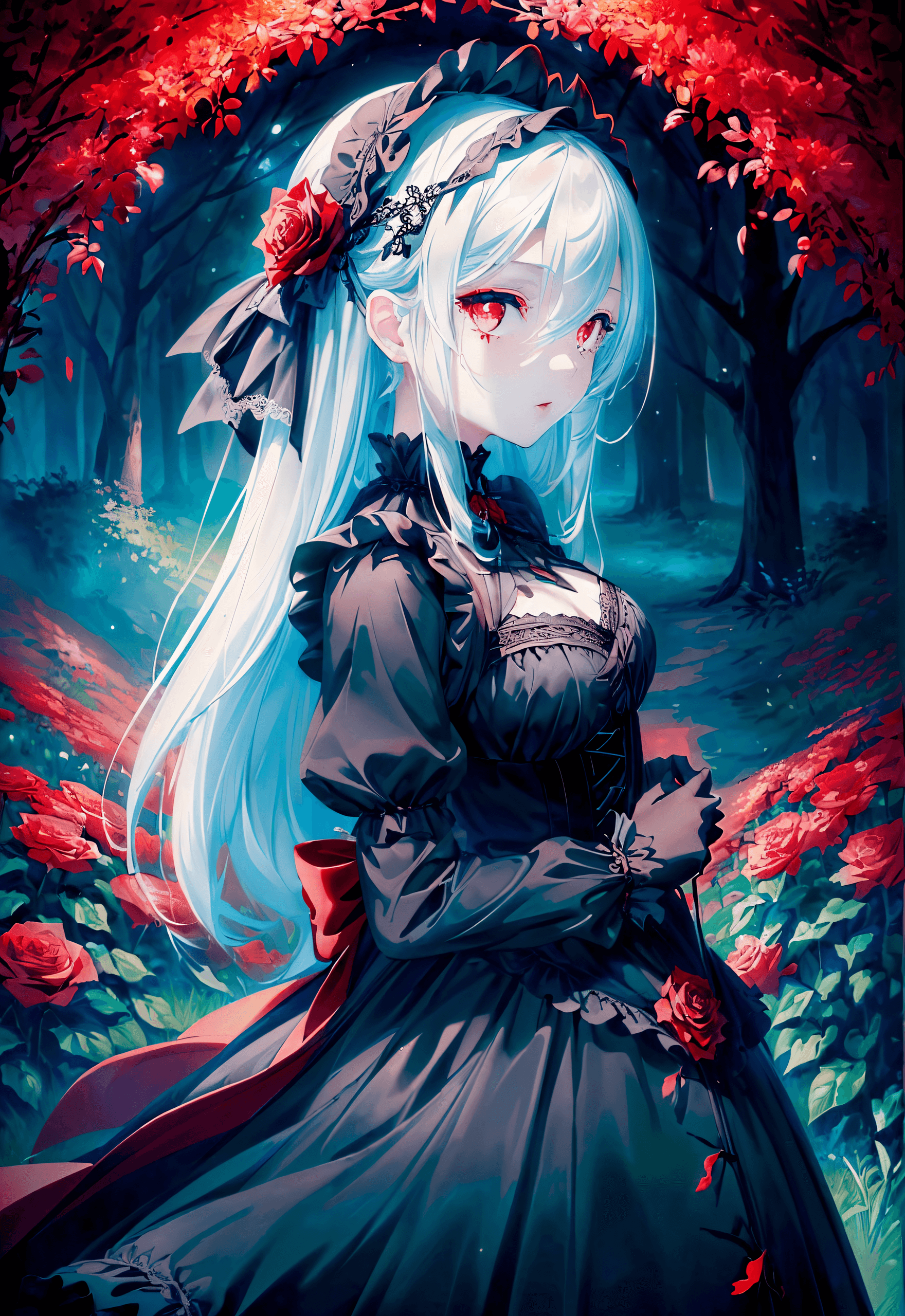 AI generated: (masterpiece, best quality:1.2), darkness, 1girl, pale skin, detailed white hair over one eye, red e...
