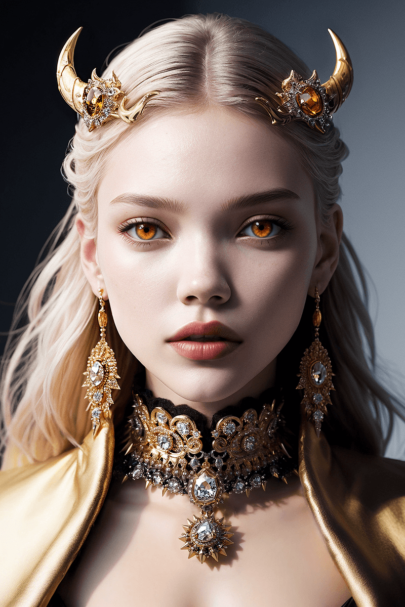 AI generated: [tilt-shift photo of] the face of a woman dressed in demon attire, in the style of light gray and li...