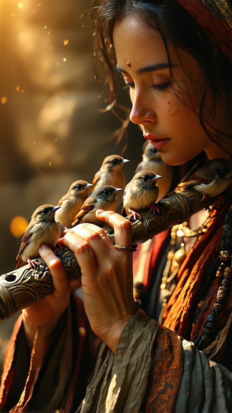 AI generated: "A close-up shot of delicate fingers resting on the holes of an ancient, intricately carved flute, a...